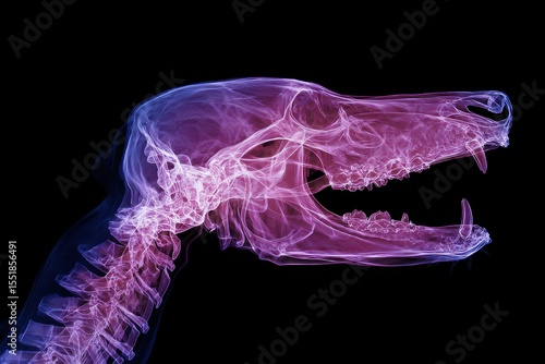 Digital x-ray image of dog skull head and neck with open mouth. Imaging skull, teeth, and trachea. Lateral view. MZ 
