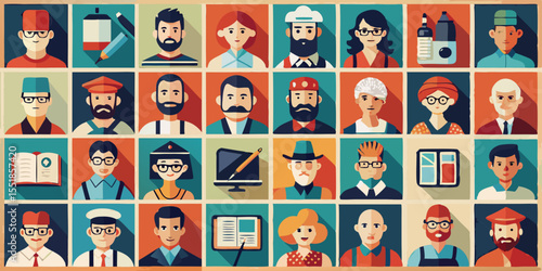  [Profession Icons] [in a Flat Design Style] [representing various careers and roles] [on a colorful background]