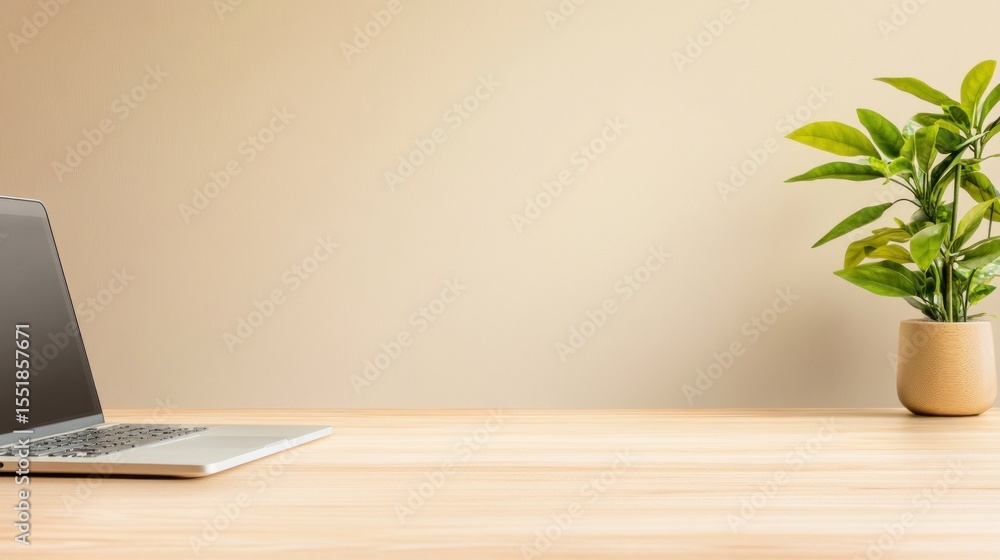 Fototapeta premium Laptop computer on light wooden desk
