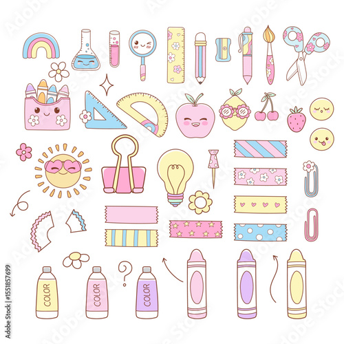 Cute Back to School, Teacher Elements Doodle Cartoon Style Hand Drawn Vector