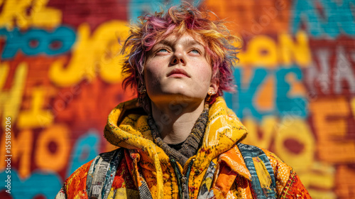 Gen Z nonbinary model poses in vibrant alley, bold fashion framed by graffiti and strong light, celebrating identity and urban style.
