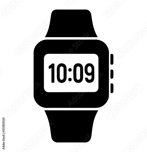 Digital wristwatch icon, modern design, black and white colors, represents timekeeping technology.