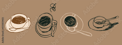 Black Coffee set. Cup, spoon, plate. Different views. Sketchy, quirky, grunge, artistic, doodle, trendy style. Aromatic, tasty coffee concept. Hand drawn Vector illustration. Isolated design elements