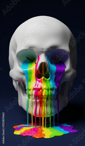 White Skull with Melting Rainbow Paint – Colorful Surreal Art Concept