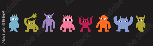 Abstract little colorful Monsters or fantastic animals. Various quirky funny creatures. Cartoon childish style. Cute characters. Hand drawn trendy Vector illustration. Isolated design elements