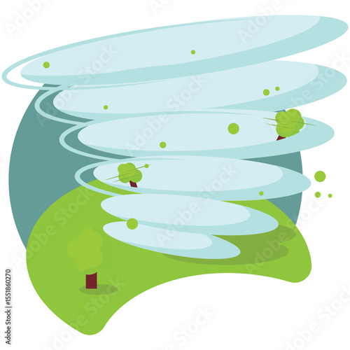 Tornado vector. Storm, hurricane with whirlwind icon. Destructive wind swirl funnel in forest fat illustration. Natural disaster catastrophe, nature phenomenon isolated on white background