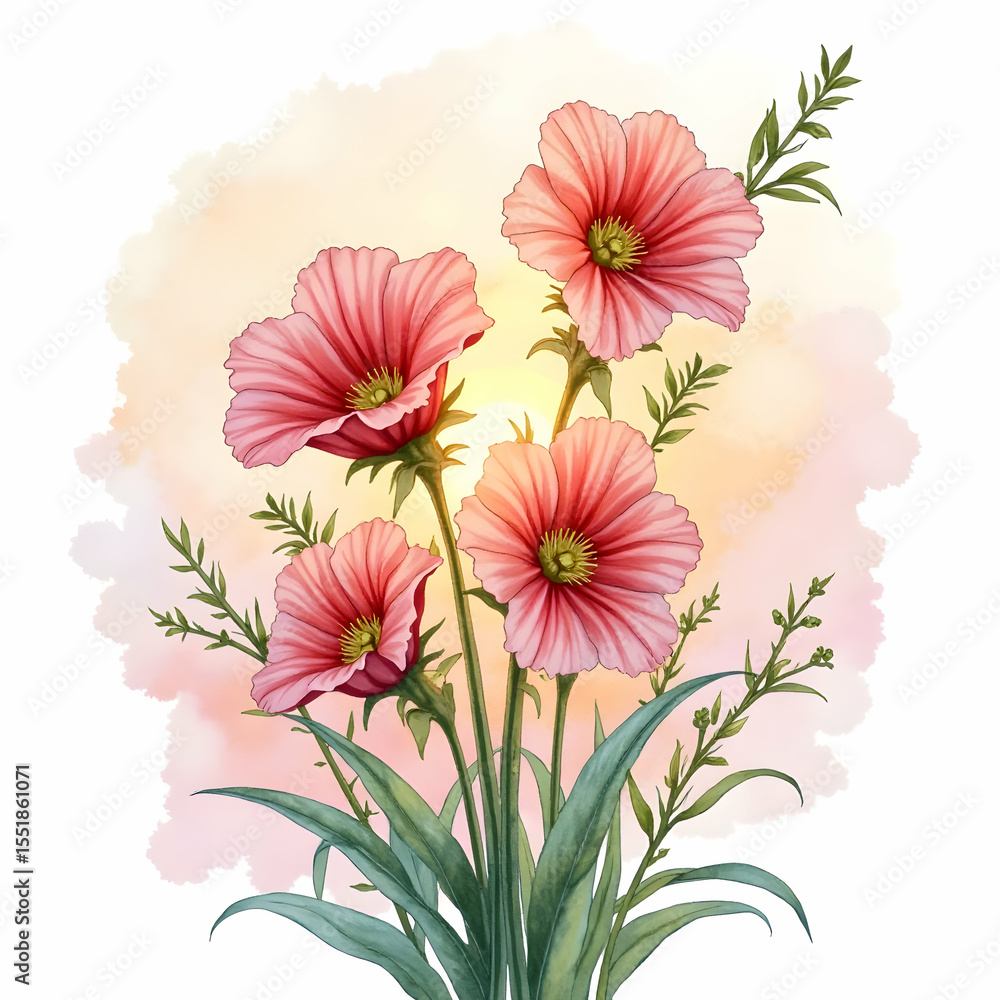 Fototapeta premium Pink Flowers Watercolor Painting with Soft Light and Green Leaves