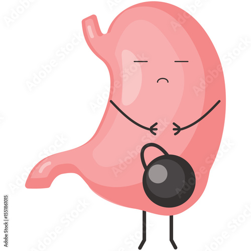 Heaviness in stomach vector. Stomachache icon. Cute cartoon internal human digestive organ character sad face and weight kettlebell illustration isolated on white background