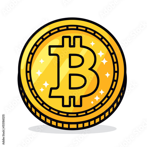 Golden Bitcoin Cryptocurrency Coin Illustration with Black Outline and Sparkles on White Background