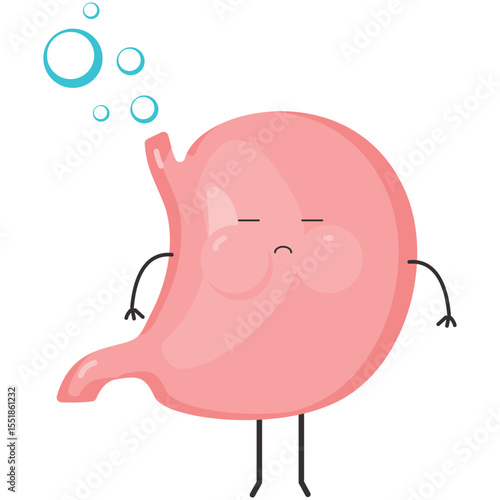 Stomach bloating vector. Stomachache icon. Sad cartoon internal human digestive organ character feeling pain and flatulence isolated on white background