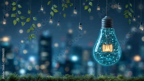 On a tree branch, a specially designed light bulb is positioned to signify the importance of environmentally friendly practices and clean energy