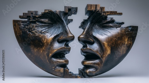 The concept of human duality is represented through a sculpture that is half wooden and half stone, embodying the contrast and balance found in art