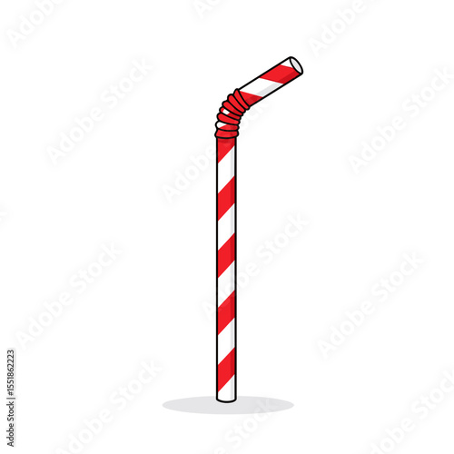 Red and White Striped Bendy Drinking Straw Cartoon Illustration on White Background