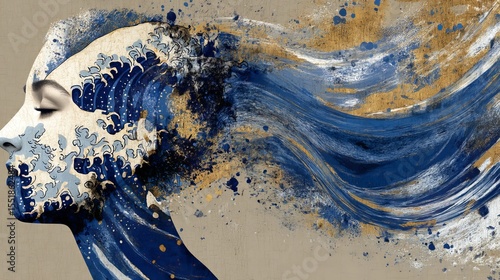 A double exposure portrait of a man's silhouette merged with ocean waves is used in a horizontal banner to creatively represent mental health, psychology services, and meditation retreats with a