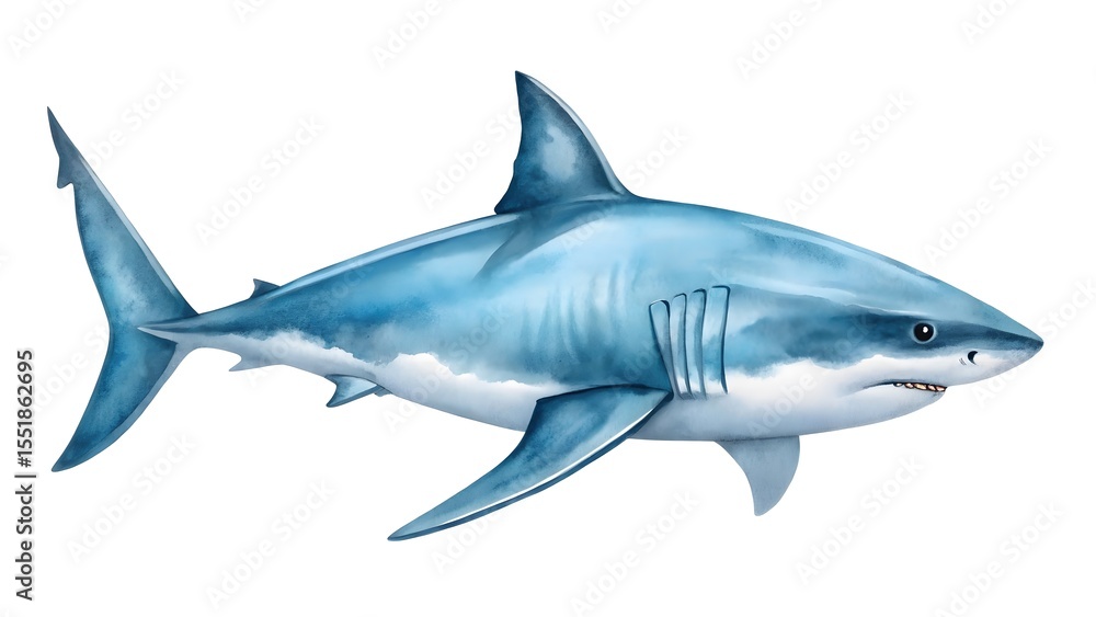 Naklejka premium Majestic Great White Shark, Watercolor Style, Ocean Predator, Powerful Marine Life Illustration.