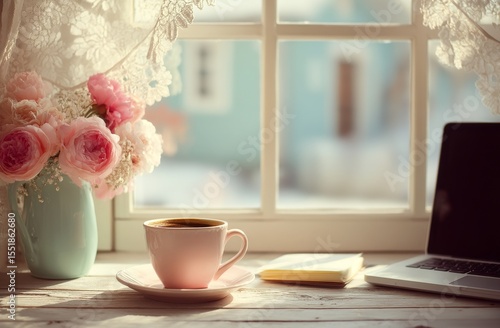 A desk situated near a window holds a laptop, notebook, and coffee mug, evoking cozy workspace vibes