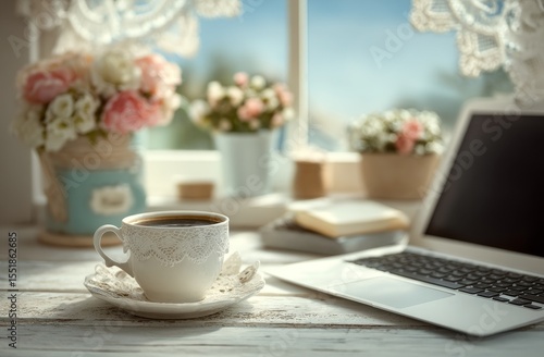 A cozy workspace vibe is established by the presence of a laptop, notebook, and coffee mug on a desk close to a window