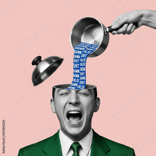 A Contemporary art collage. Conceptual creative design. Addiction. Human hand pouring false information into man's head