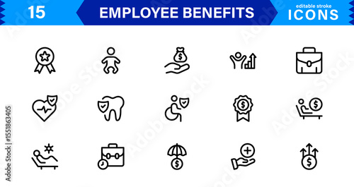 Employee Benefits Icon Set Representing Health, Retirement, Paid Leave, Bonuses, and Work-Life Balance Concepts in a Professional, Minimal Vector Design