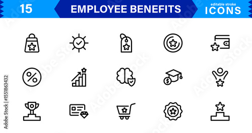 Employee Benefits Icon Set Representing Health, Retirement, Paid Leave, Bonuses, and Work-Life Balance Concepts in a Professional, Minimal Vector Design