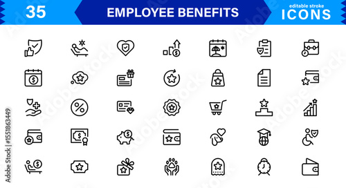 Employee Benefits Icon Set Representing Health, Retirement, Paid Leave, Bonuses, and Work-Life Balance Concepts in a Professional, Minimal Vector Design
