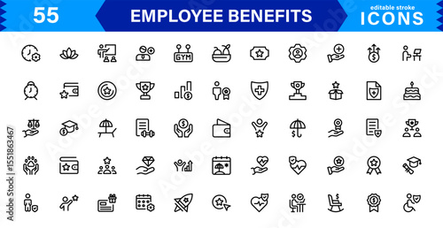 Employee Benefits Icon Set Representing Health, Retirement, Paid Leave, Bonuses, and Work-Life Balance Concepts in a Professional, Minimal Vector Design