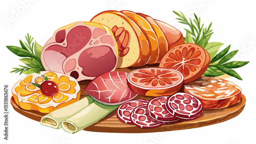 A symphony of sliced cold cuts, robust salami, and succulent ham unfolds in gentle watercolor style. On a white background, the balanced composition tells a story of craft, flavor, and tradition.

