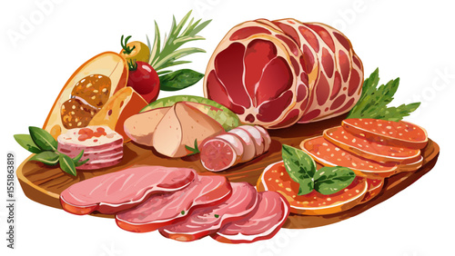 A symphony of sliced cold cuts, robust salami, and succulent ham unfolds in gentle watercolor style. On a white background, the balanced composition tells a story of craft, flavor, and tradition.

