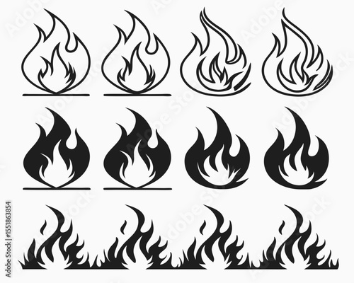 Retro Tattoo Fire Flame Icons Vector Set. Black Flame Shapes in Classic 90s Motorcycle Style. Fire Symbol Silhouettes for Hot Products, Flammable Liquids, and Heat Warning Signs.

