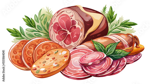 A symphony of sliced cold cuts, robust salami, and succulent ham unfolds in gentle watercolor style. On a white background, the balanced composition tells a story of craft, flavor, and tradition.

