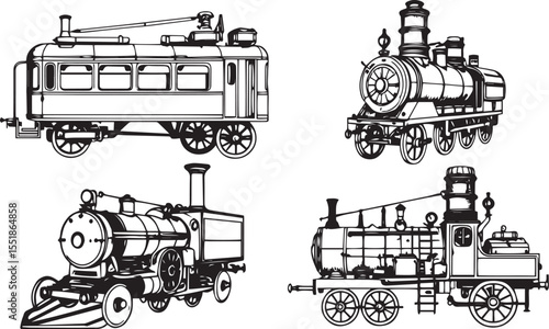 A set of steampunk-style vehicles. Hand drawn vector illustration	
