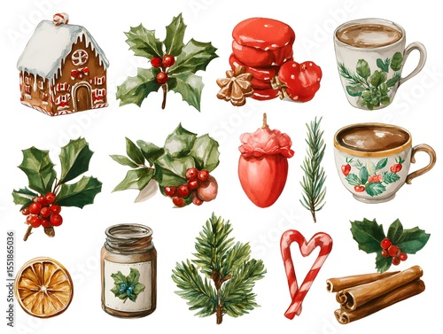 Traditional Christmas decor and elements in watercolor. Spices, decorations, cookies, and gifts. Part of a Christmas mood image.