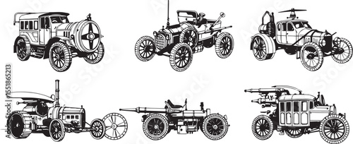 A set of steampunk-style vehicles. Hand drawn vector illustration	