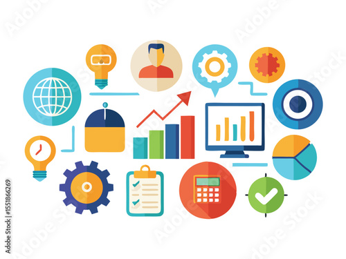 Collection of business and finance icons representing growth strategy and success isolated on white background
