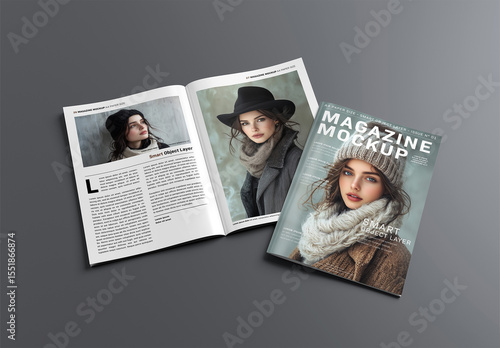 Magazine Cover and Open Magazine Mockup On Grey