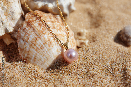 Elegant pearl necklace resting on sandy beach near seashell under bright sunlight