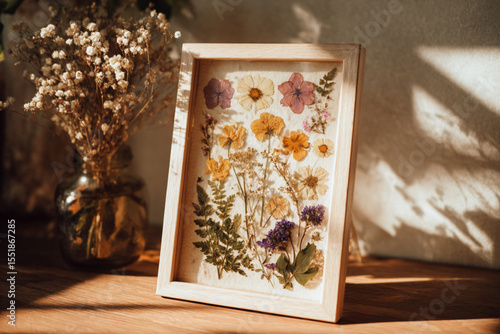 Pressed flowers in a wooden frame placed near a stylish vase with dried flowers on a sunlit wooden table