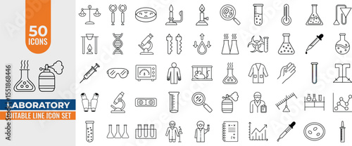 Editable Laboratory Icon Set - Science, Research, Test Tube, Microscope, Flask, Chemistry, Biology, Lab Technician & More - Vector Line Icons for Design. Editable Stroke. Vector illustration