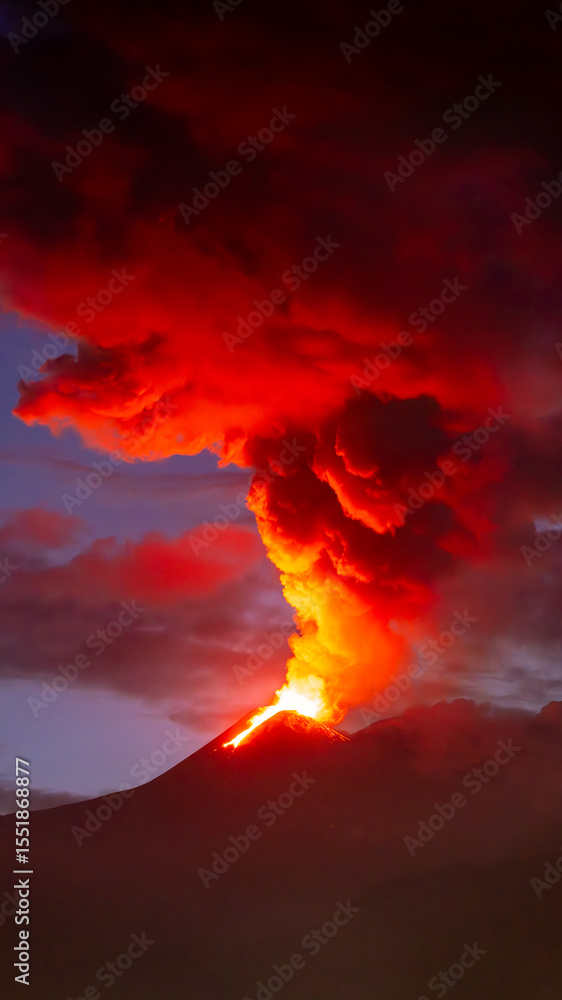 Fototapeta premium Eruption with towering red smoke plume at dusk