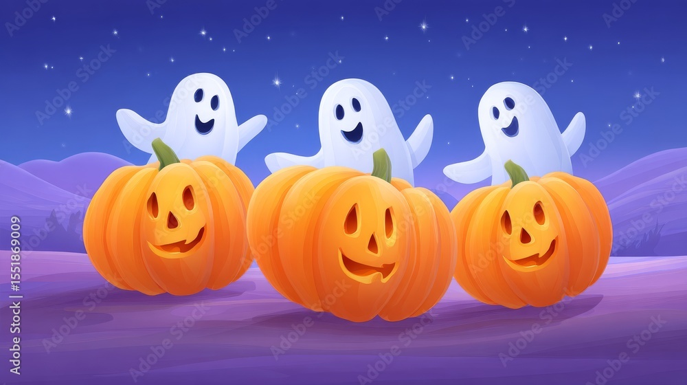 Cheerful Ghosts Riding Smiling Pumpkins in a Whimsical Animated Halloween Scene Cheerful Ghosts Riding Smiling Pumpkins in a Whimsical Animated Halloween Scene