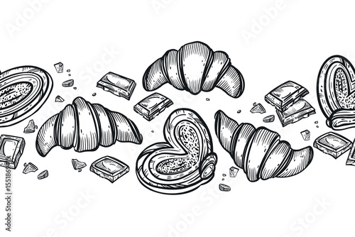 Seamless border of sweets, buns, croissants, chocolate slices, buns. All objects are hand-drawn in vector. For printing on menus, booklets, in the interior of confectioneries, bakeries, on dishes.
