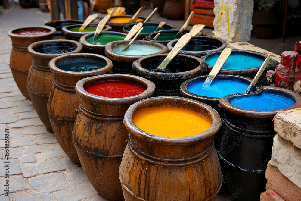 Naklejka premium Fabrics being dyed in colorful vats at a dyeing workshop