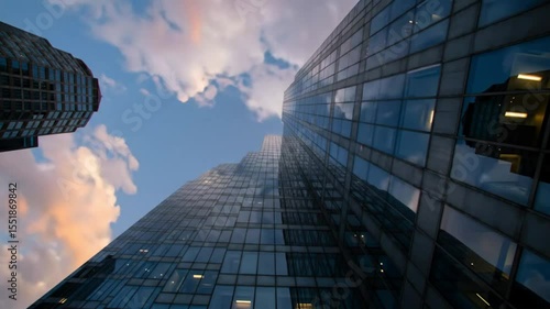 Worm's-eye view timelapse of clouds moving quickly past a modern glass skyscraper.
