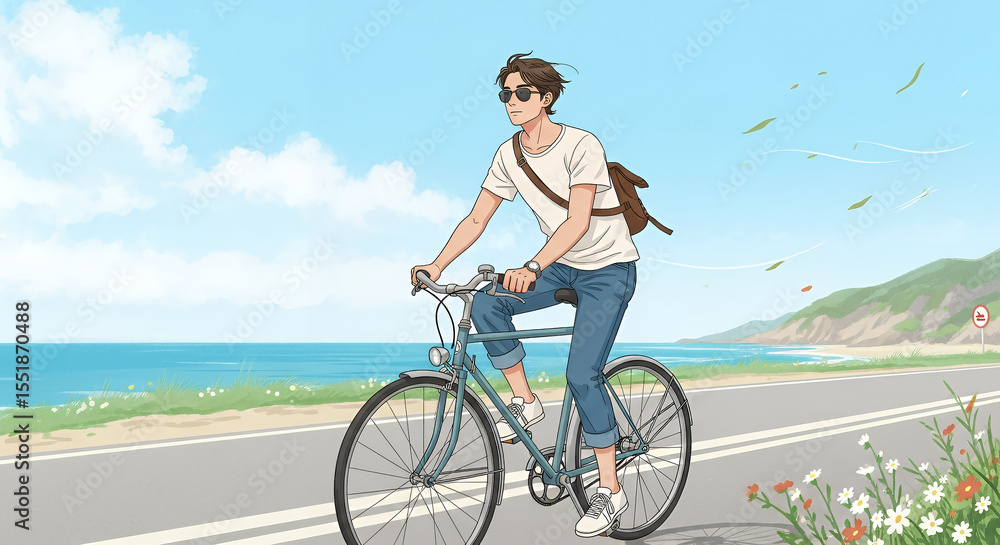 Naklejka premium Young man riding a bicycle, feeling carefree, along a scenic beach road with ocean background
