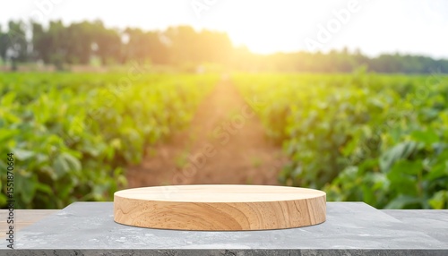 Wooden podium on farm field background.