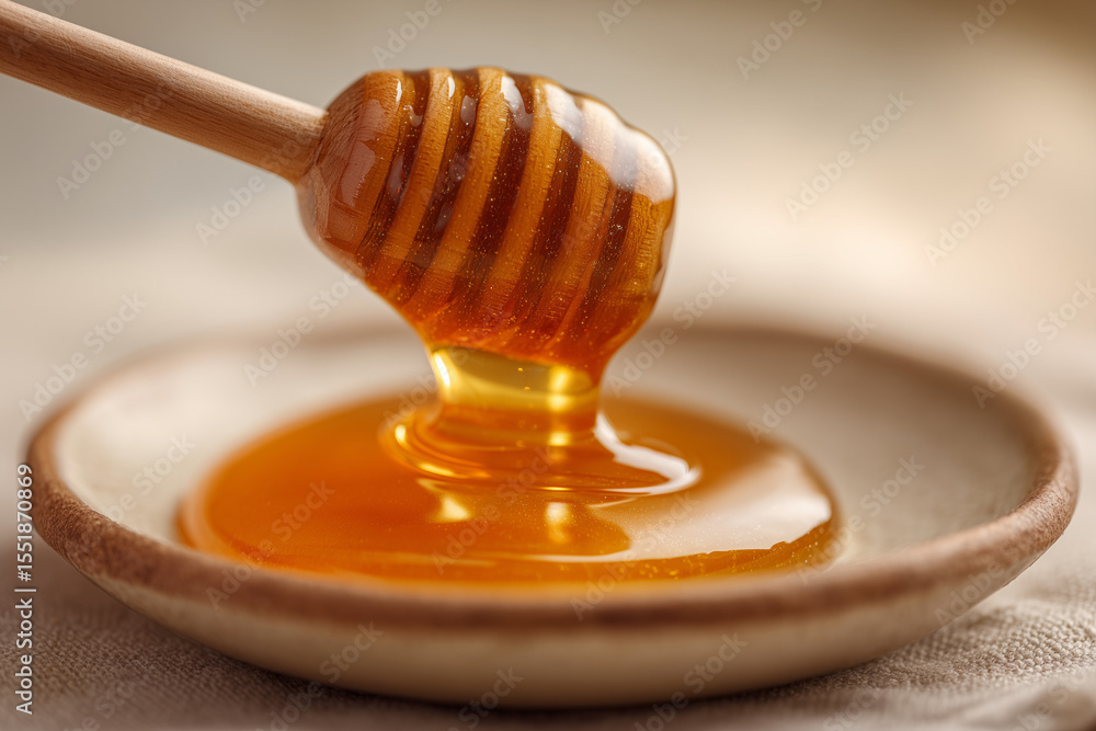 Macro shot of golden honey dripping from wooden dipper onto ceramic plate Macro shot of golden honey dripping from wooden dipper onto ceramic plate
