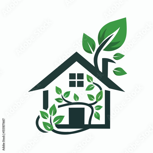 This vector image depicts a stylized house with green leaves and vines growing around and from it symbolizing sustainability and harmony with nature