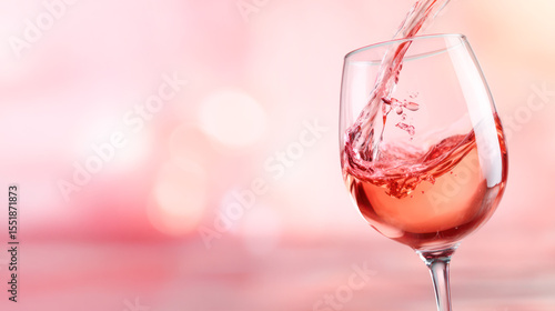 Refreshing glass of pink wine being poured with splashes, set against a soft blurred pink background, evoking a sense of celebration and enjoyment