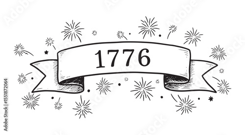 Decorative ribbon banner with 1776 and fireworks for American independence tribute