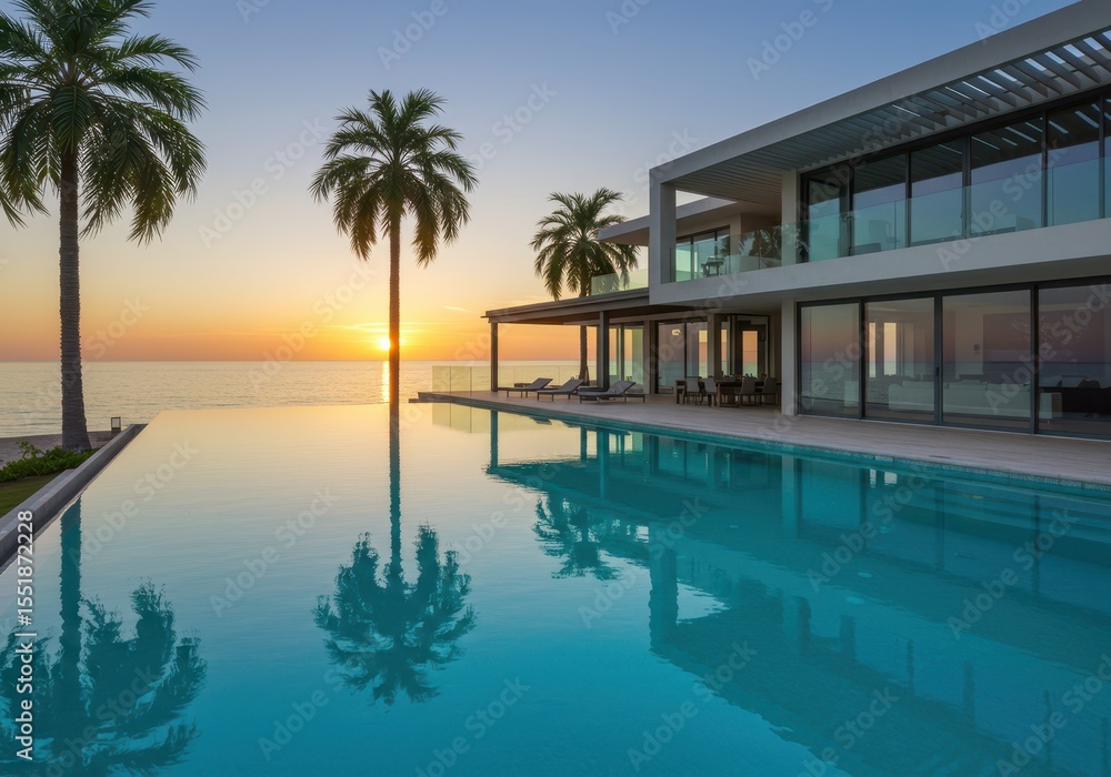 Obraz premium Modern villa with infinity pool and palm trees at sunset over the ocean